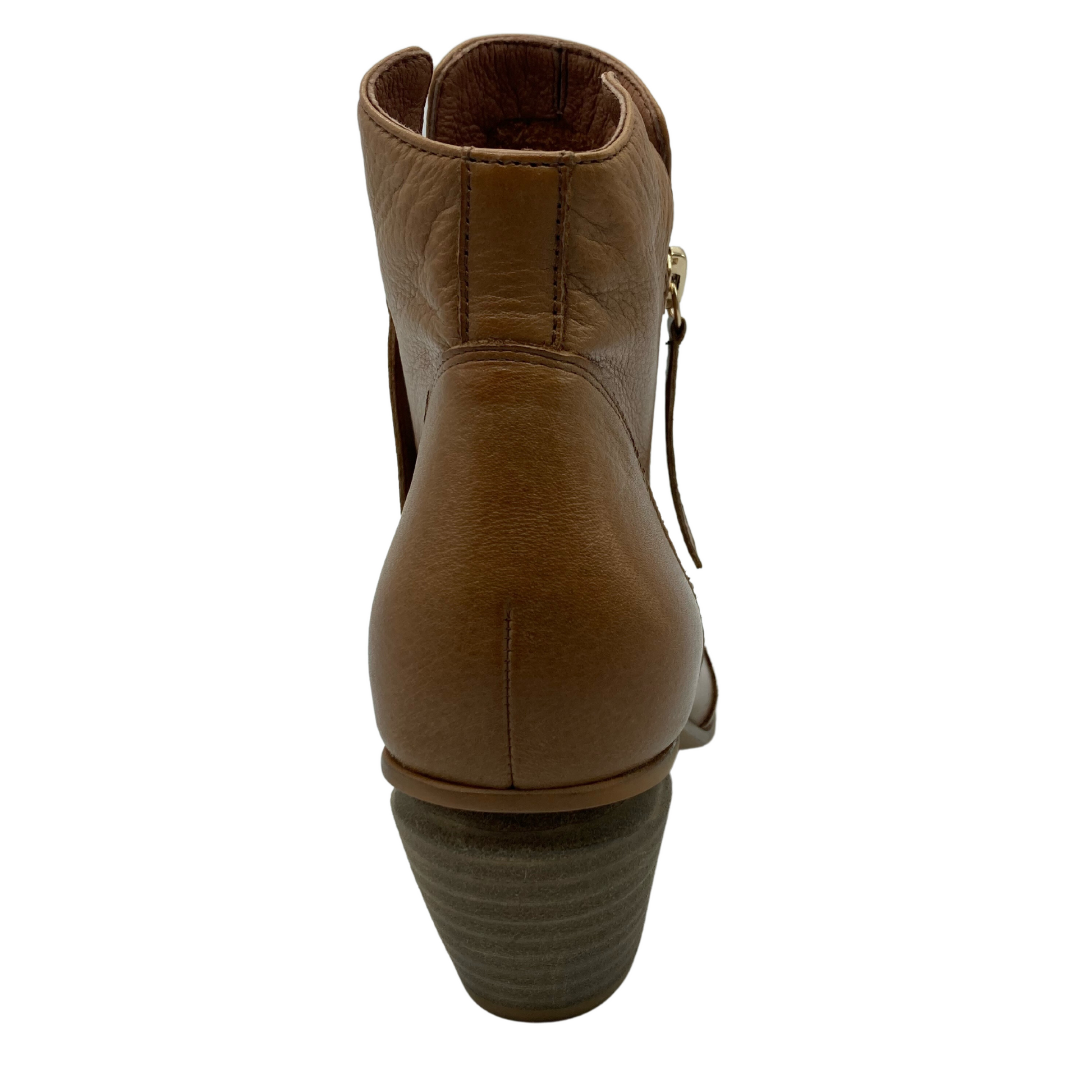 Hind view of back of brown leather short boot with chunky heel