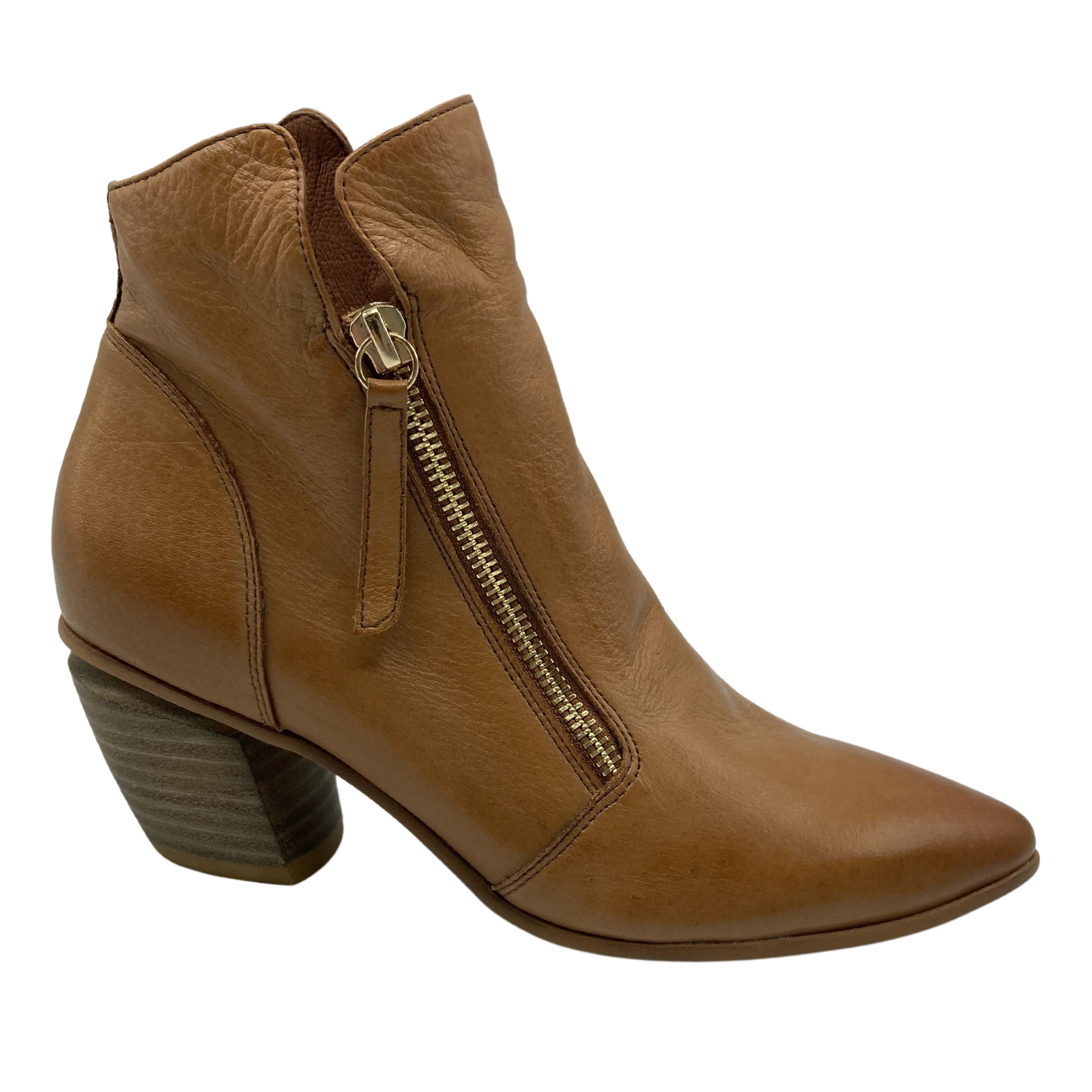 Right facing profile view of chunky heeled leather boot with pointed toe