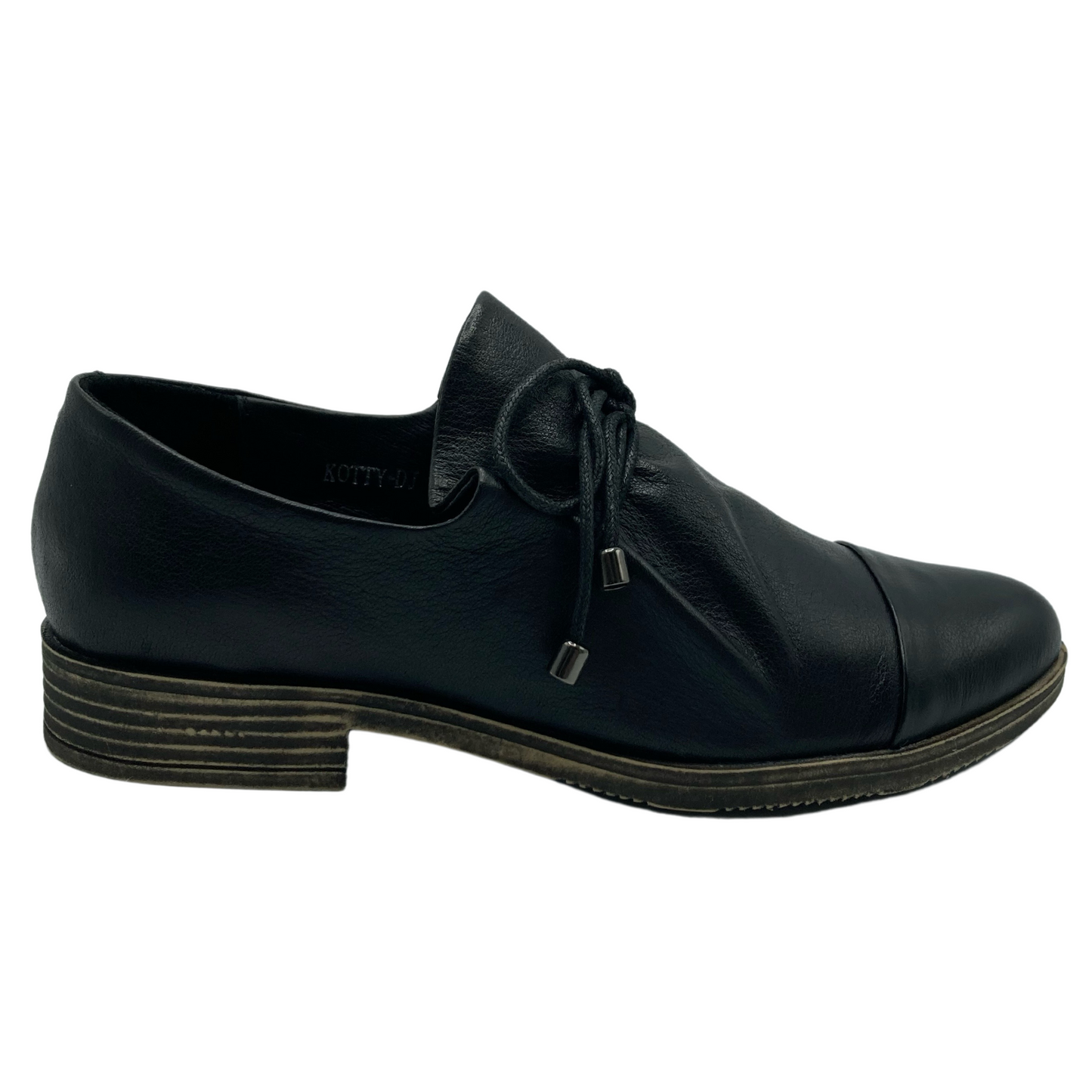 Right facing profile view of black leather shoe with black laces and 0.8 inch heel