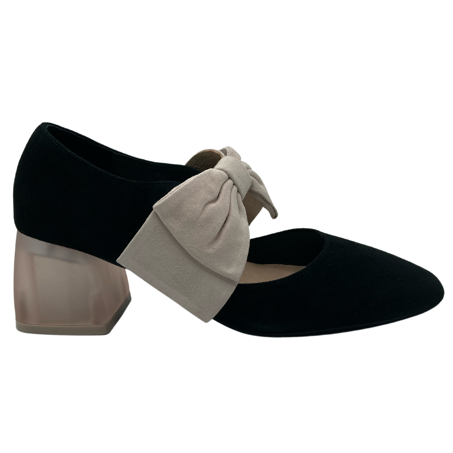 Right facing view of black and vanilla coloured heel with lucite block heel