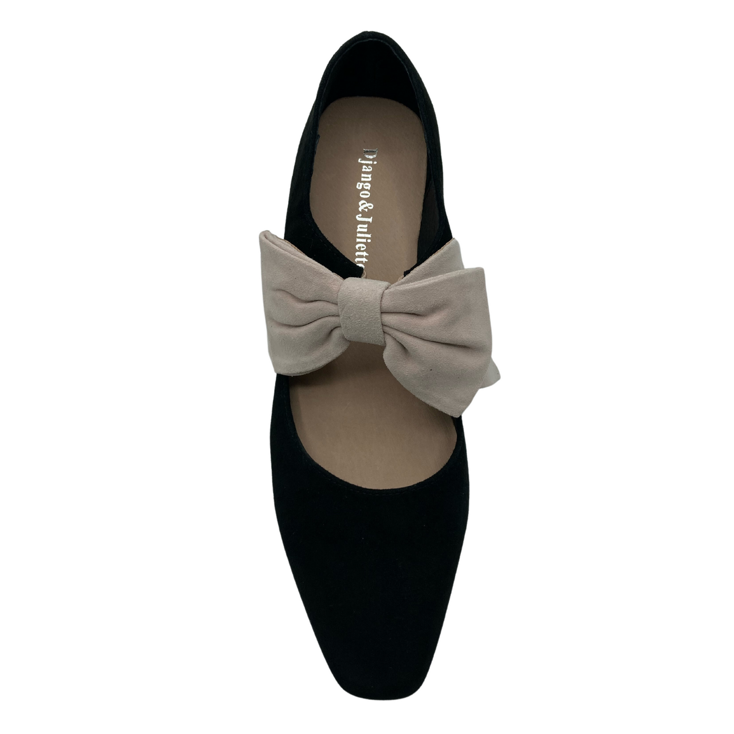 Top view of mary jane shoe with slight pointed toe and bow detail