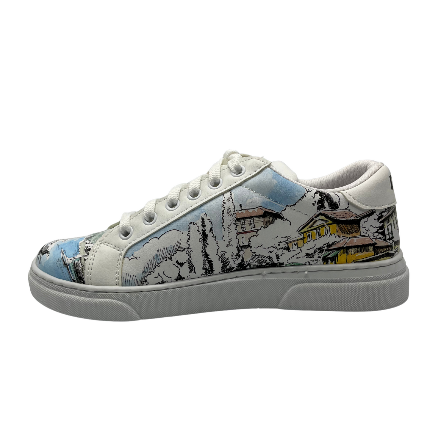 Left facing view of a white sneaker wrapped in beautiful artwork inspired by Lake Como, Italy. White rubber outsole, white laces and a padded collar.