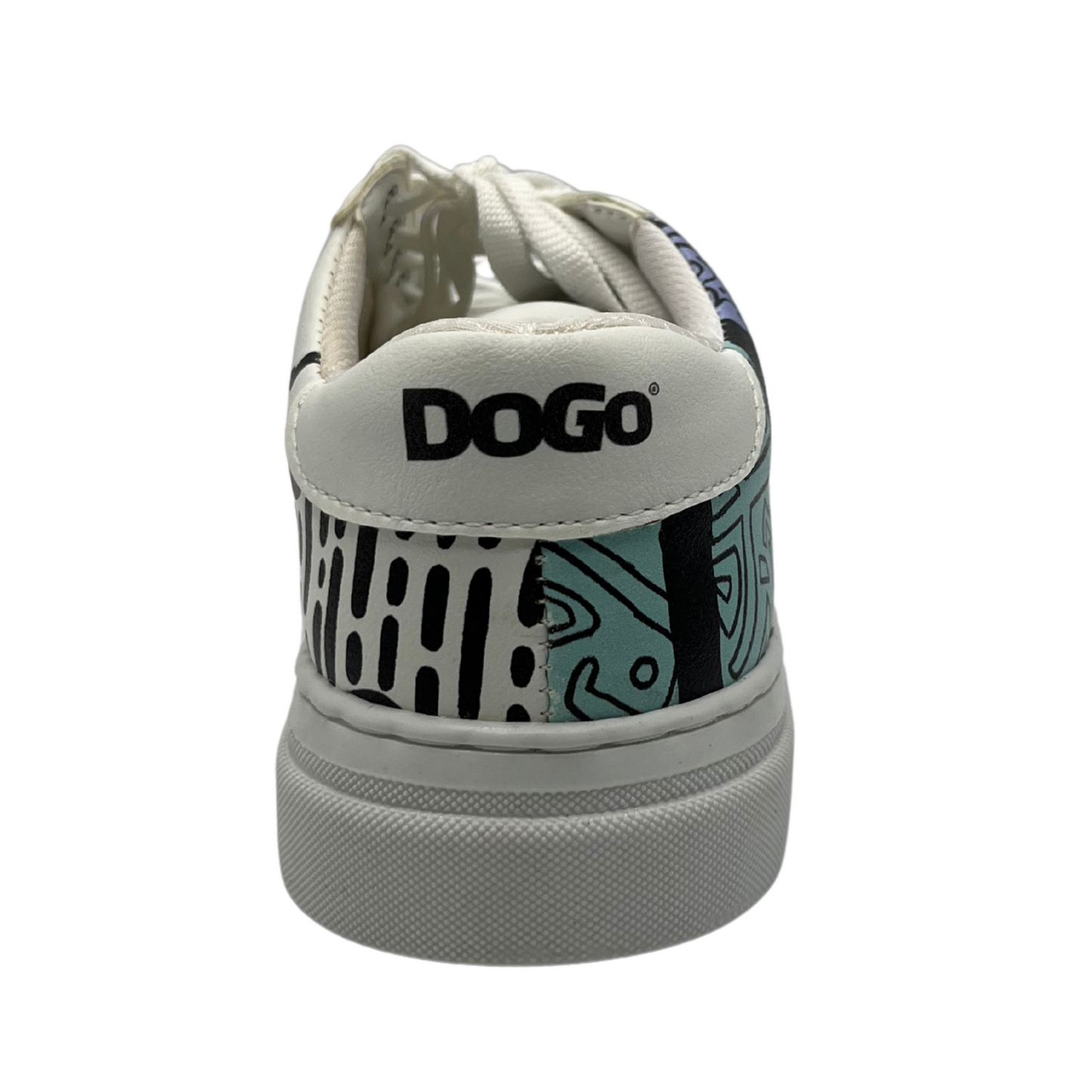 Back view of a sneaker with a white base and colourful artwork all around the upper of the shoe. Padded white collar, white laces and white rubber outsole.