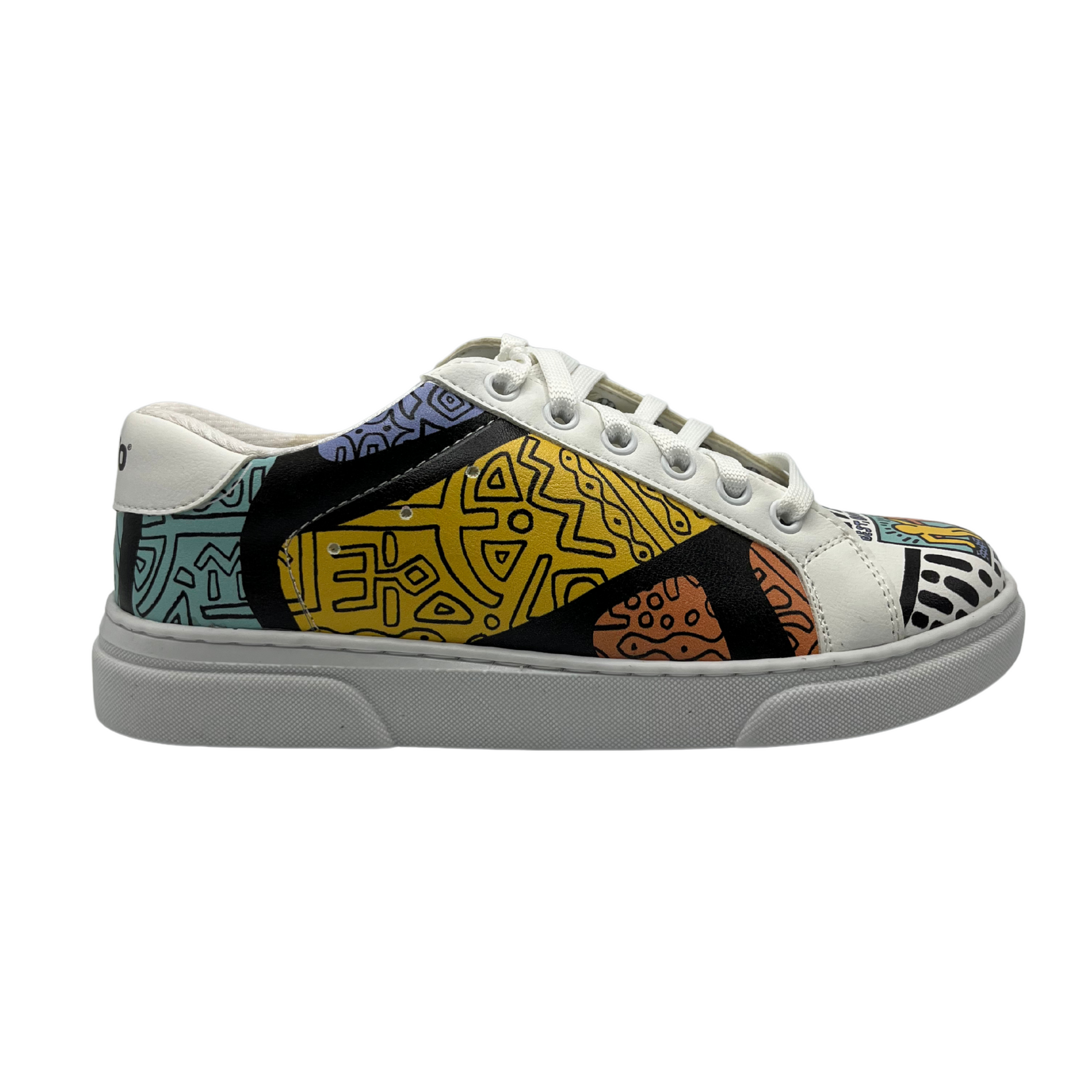 Right facing view of a sneaker with a white base and colourful artwork all around the upper of the shoe. Padded white collar, white laces and white rubber outsole.