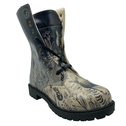 45 degree angled view of vegan leather combat boot with ombre floral pattern and black outsole