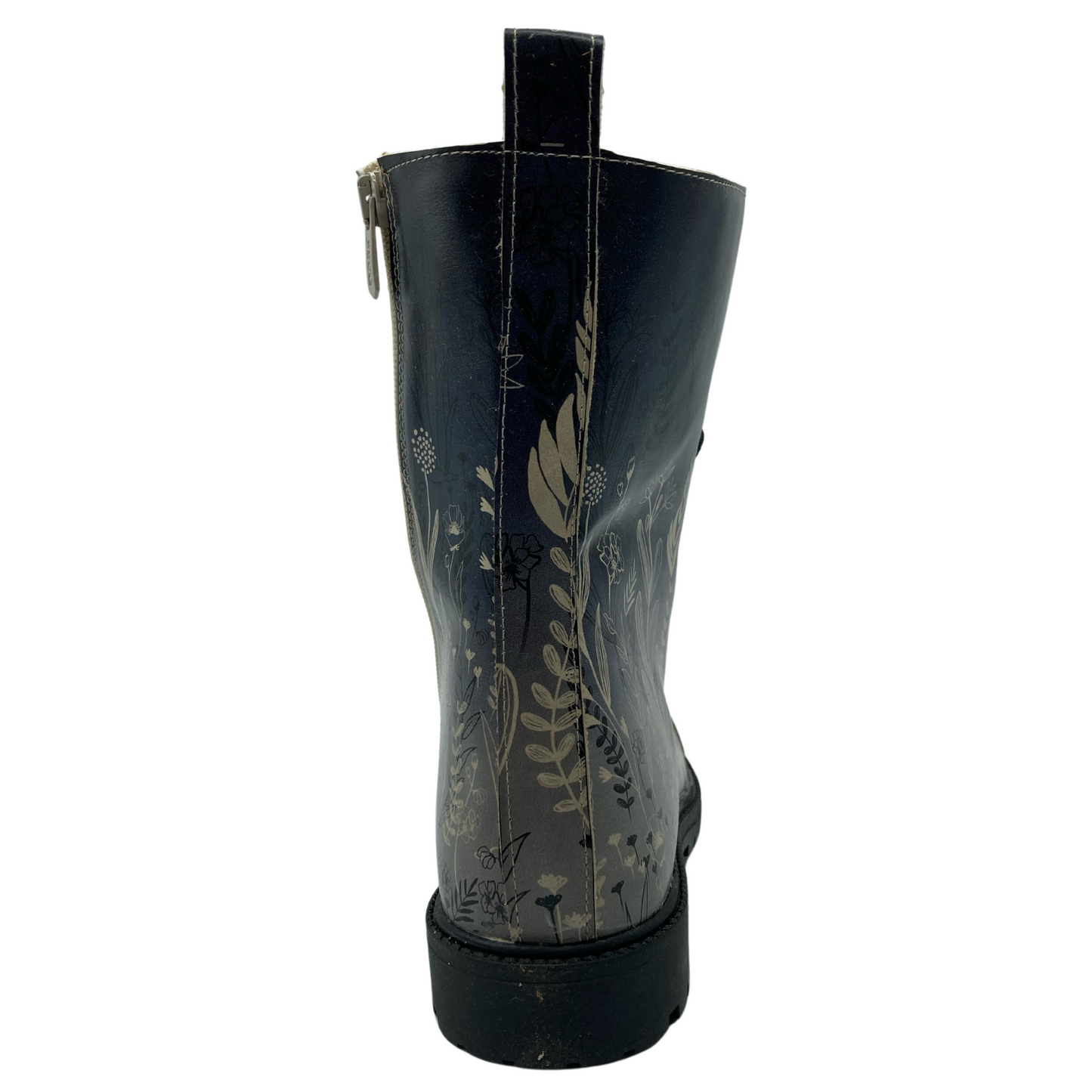 Back view of vegan leather combat boot with ombre floral pattern and black outsole