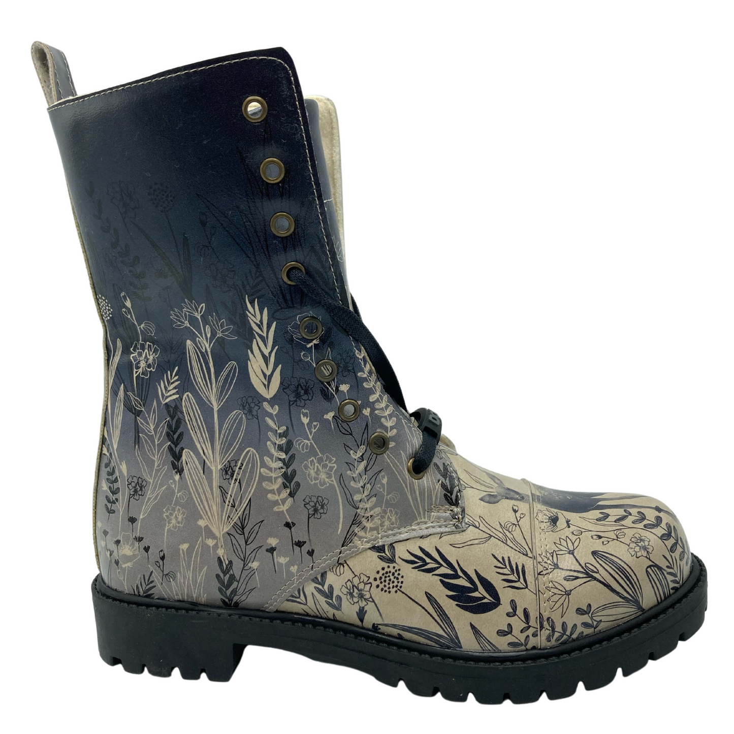 Right facing view of vegan leather combat boot with ombre floral pattern and lace up upper