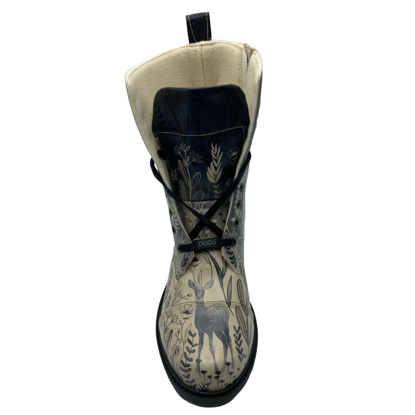 Top view of vegan leather combat boot with rounded toe and lace up upper