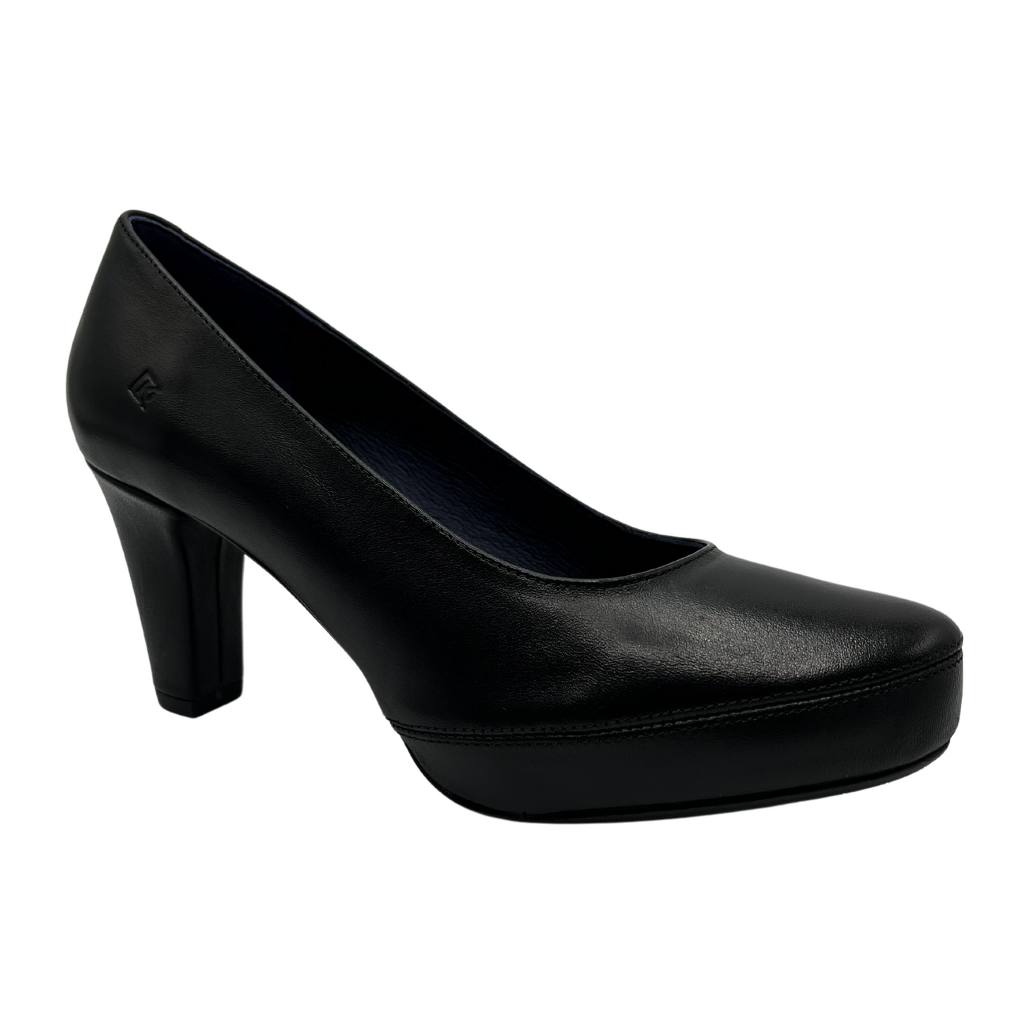 45 degree angled view of black leather pump with mid height heel and pointed toe