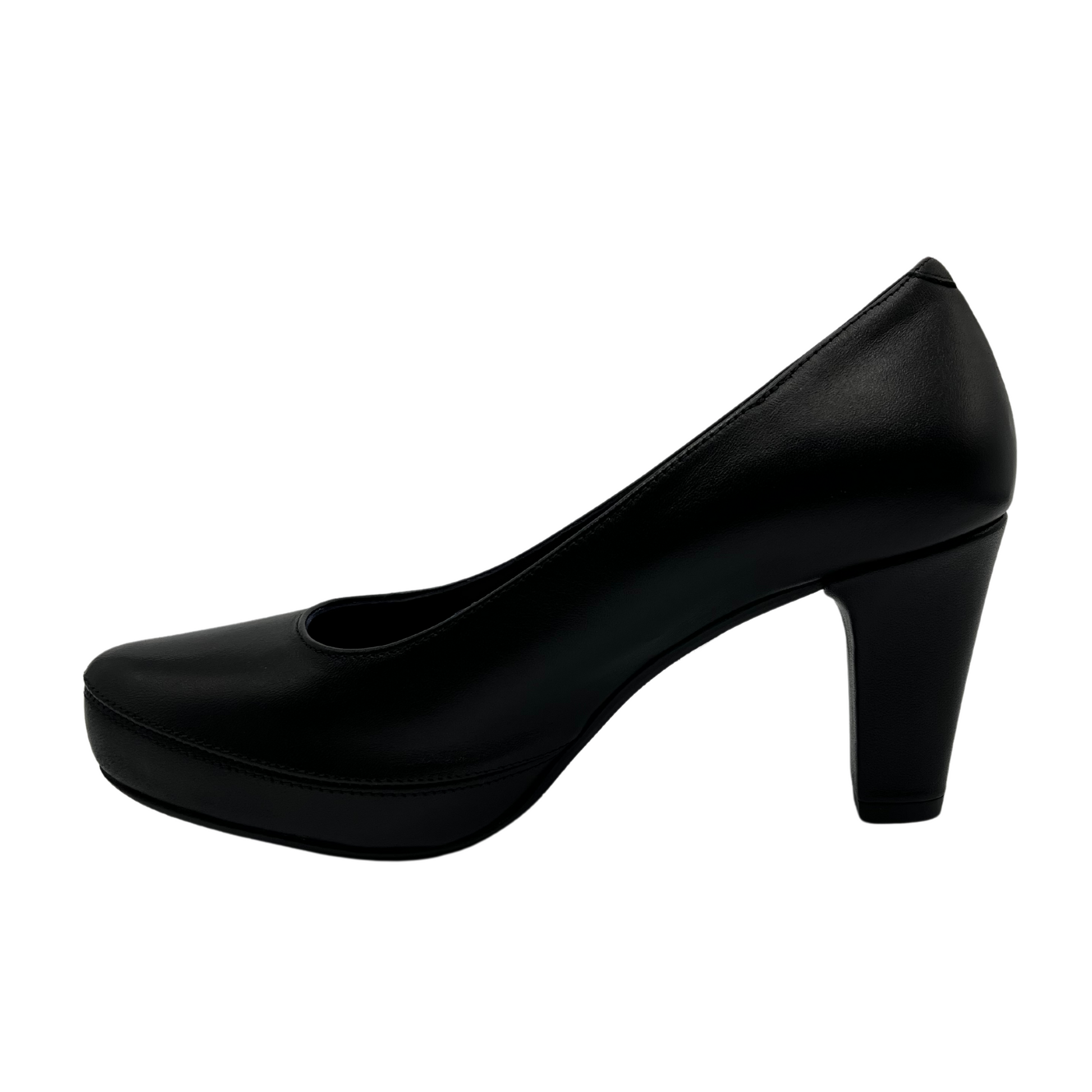 Left facing view of black leather pump with mid height heel and pointed toe