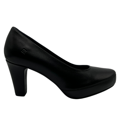 Right facing view of black leather pump with mid height heel and pointed toe