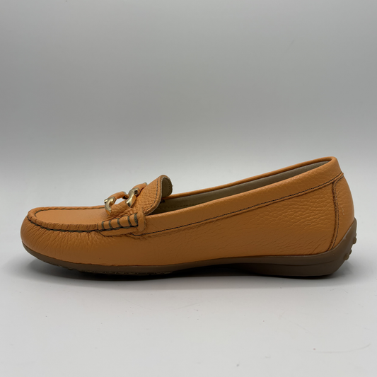 Brown loafer shoe on a gray background