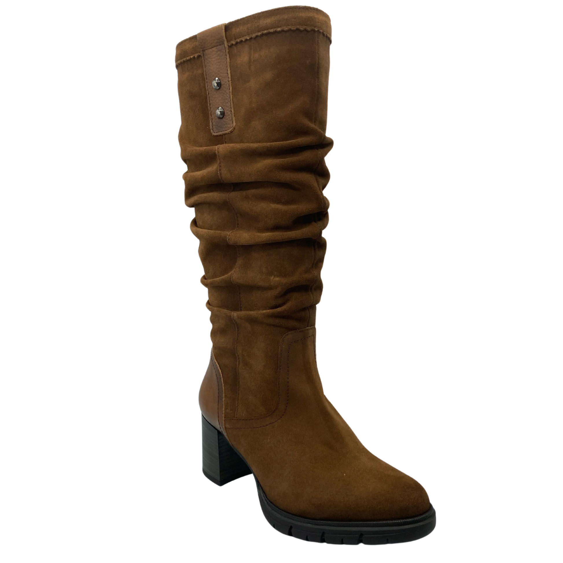 45 degree angled view of brown suede calf boot with 2 inch block heel