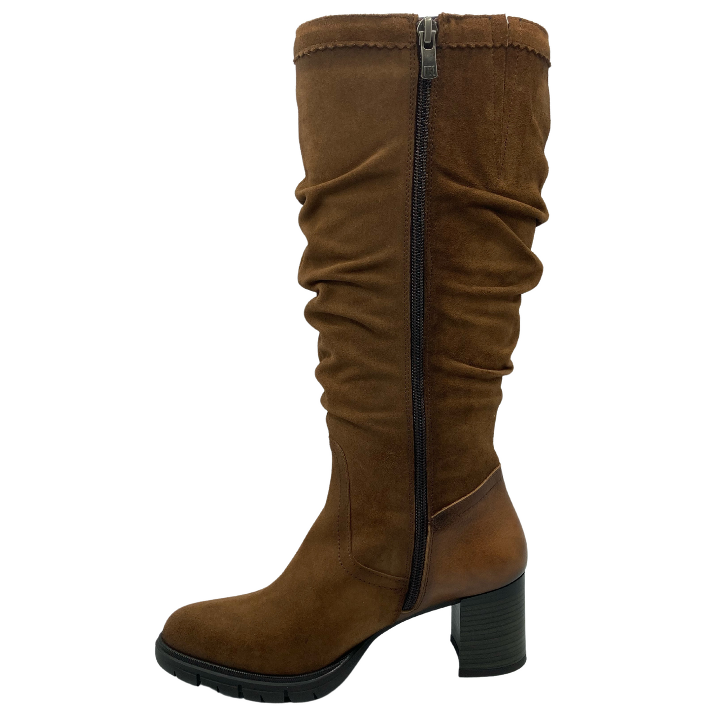 Left facing view of brown suede slouchy boot with black block heel
