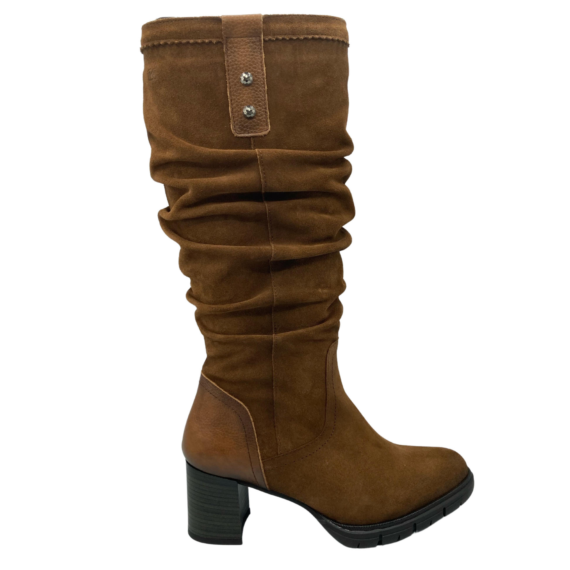 Right facing view of slouchy brown suede boot with black block heel