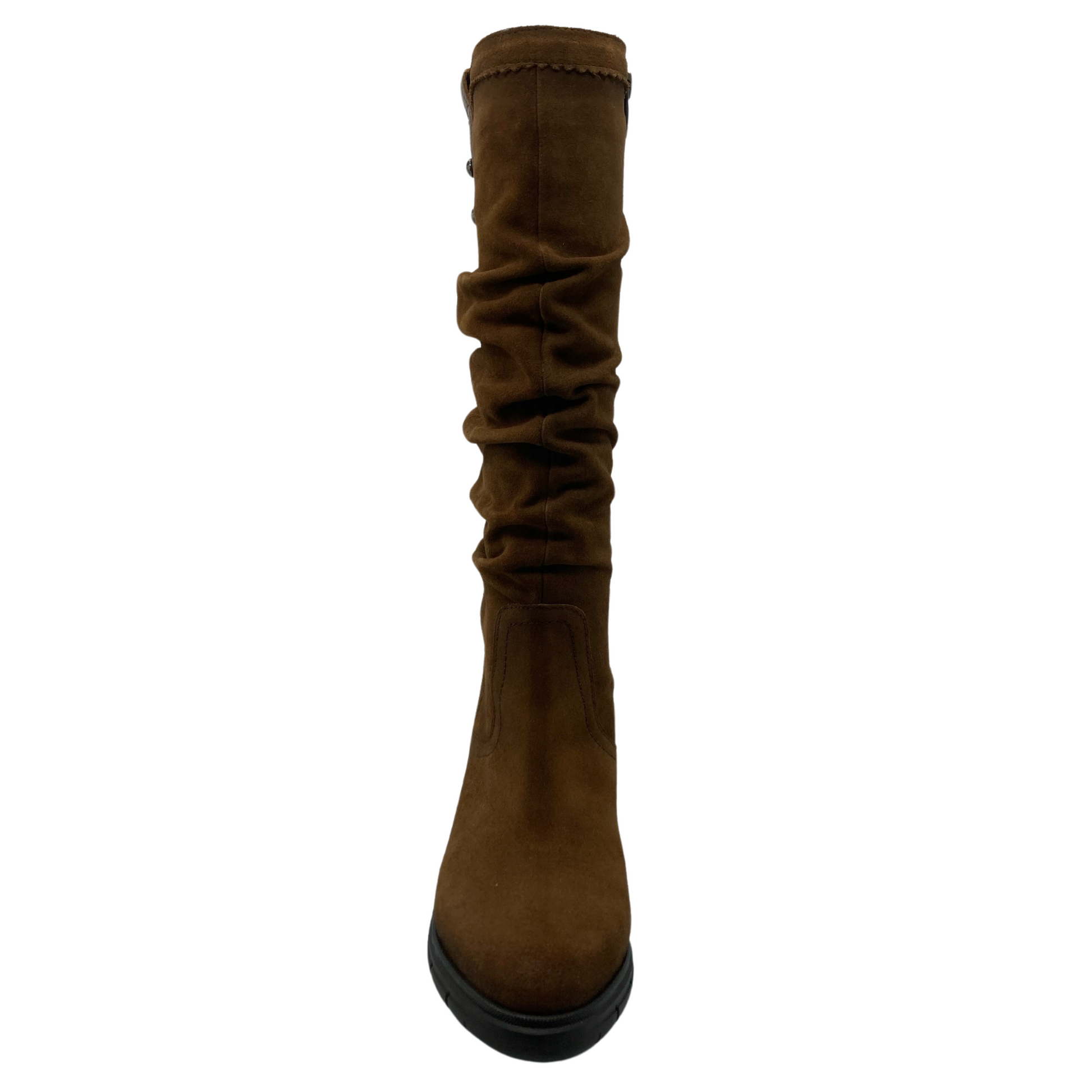 Front view of brown suede calf boot with slouchy shaft detail