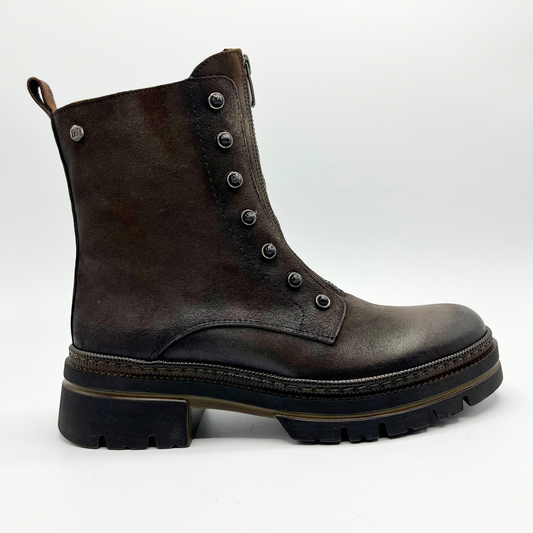 Brown leather boot with button details on a white background