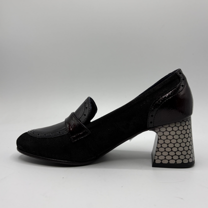 A single black suede and patent leather block-heel shoe with a honeycomb-patterned block heel, shown from a side profile on a light gray background.
