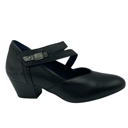 Right facing view of black leather pump with short block heel and velcro strap