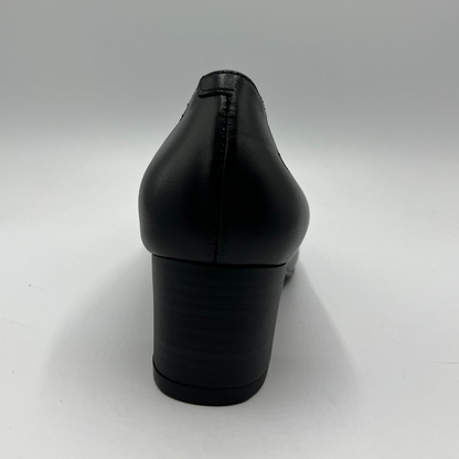 Black high-heeled shoe on a white background