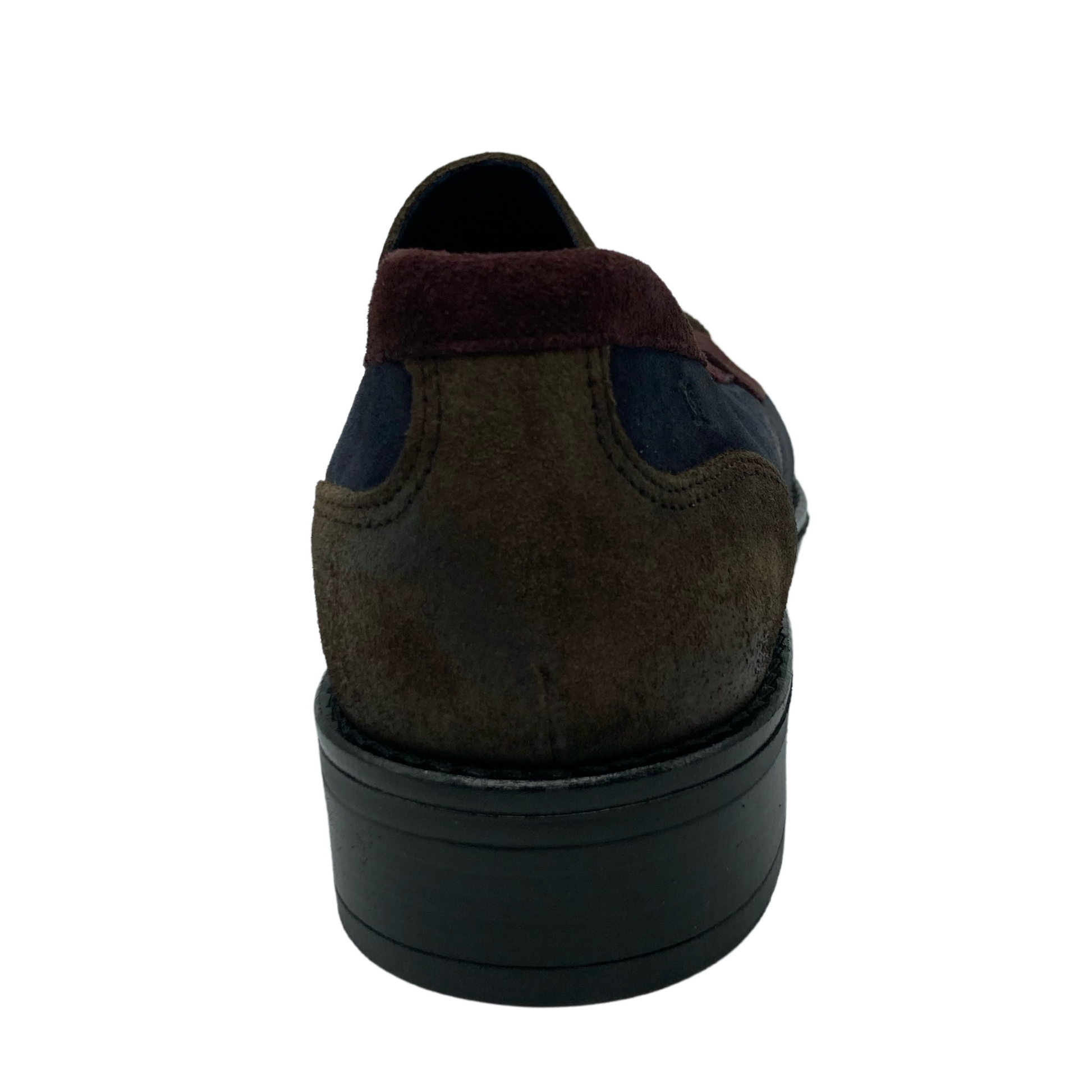 Back view of brown, red and blue suede loafer with black heel