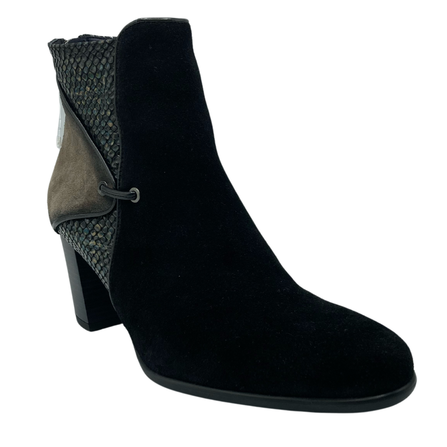 45 degree angled view of black suede ankle boot with scale detail on the ankle