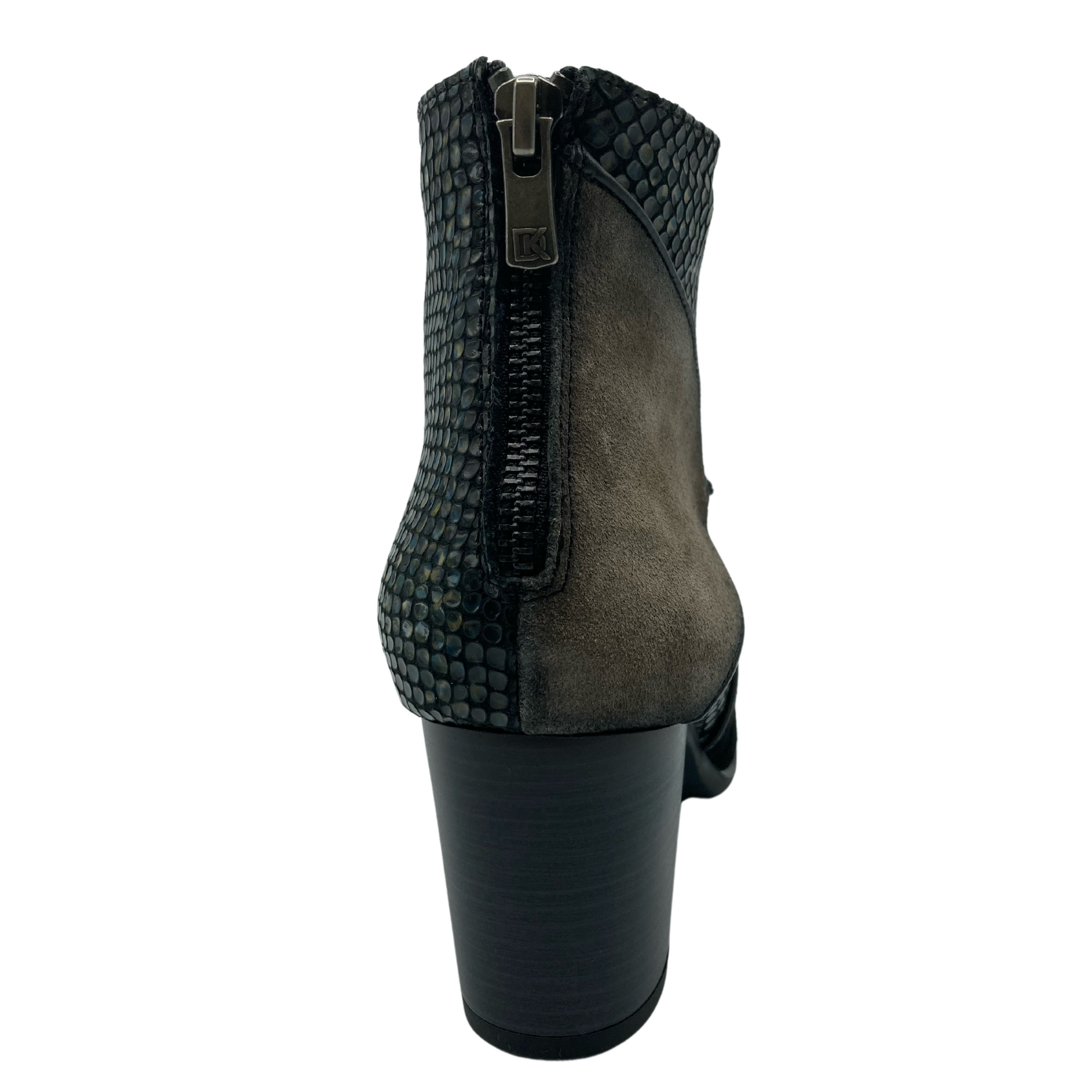 Back view of ankle boot with back zipper closure and block heel