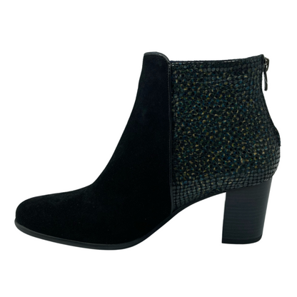 Left facing view of Black suede ankle boot with scale detail on ankle and black block heel