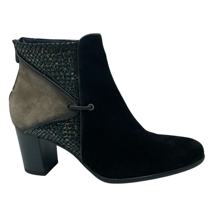 Right facing view of black suede ankle boot with scale detail on the ankle and block heel