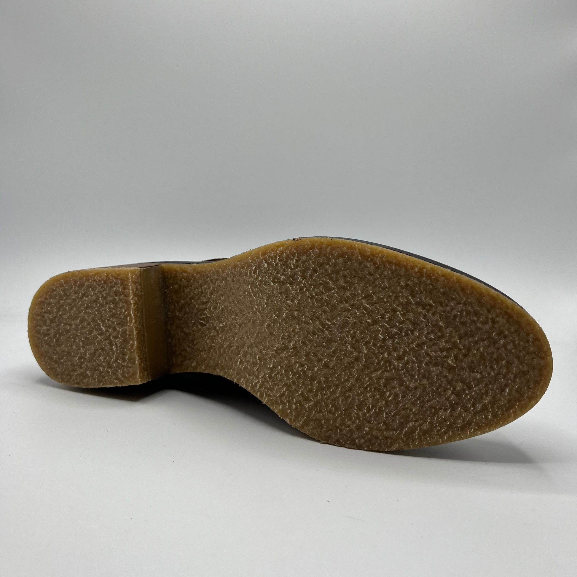 Close-up of a brown shoe sole on a white background