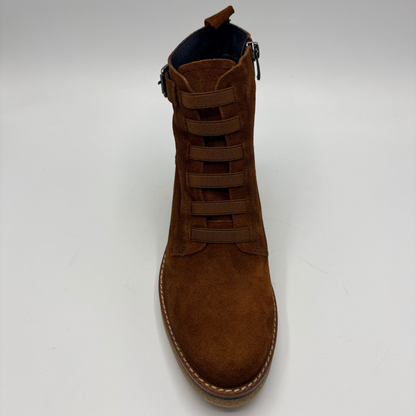A brown suede lace-up ankle boot with a side zipper, shown from a top-down angle on a light gray background.