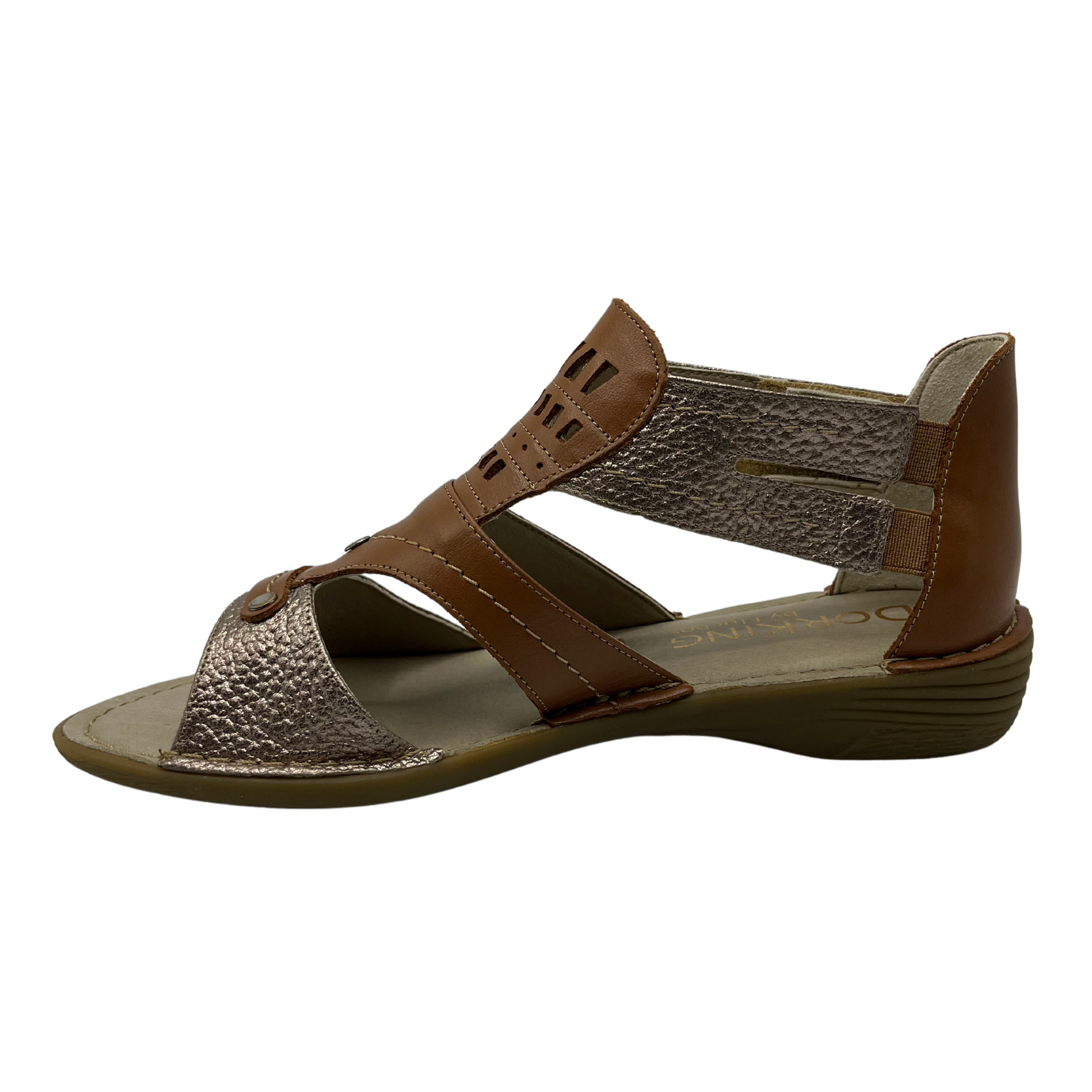 Left facing view of brown and metallic leather strapped sandal with rubber outsole