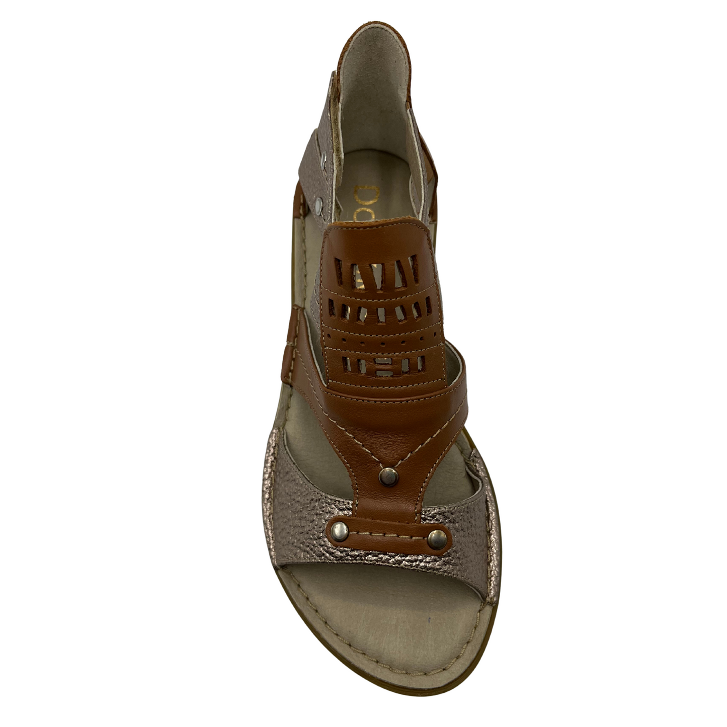 Top view of brown and metallic leather strapped sandal with rubber outsole