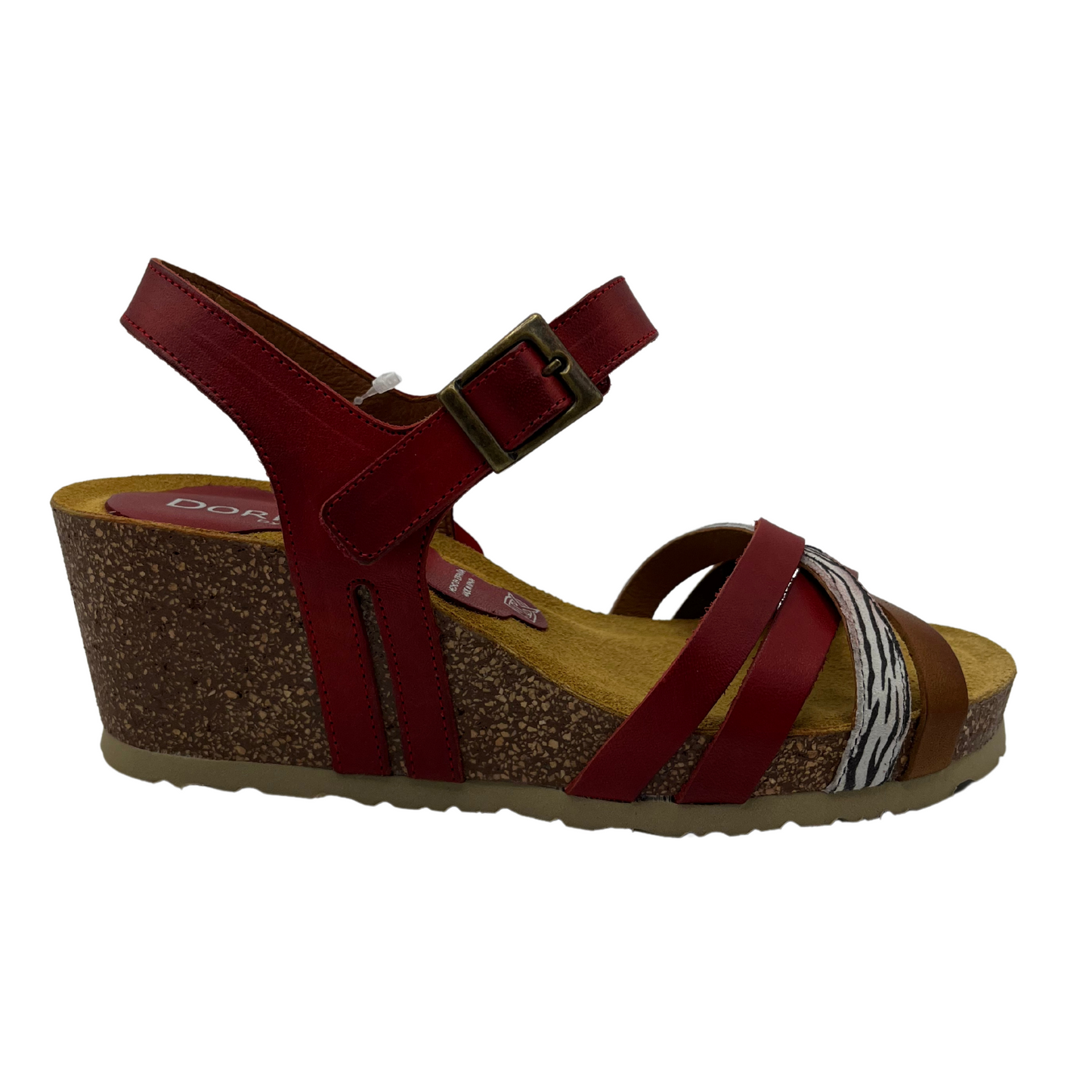 Right facing view of brown and metallic leather strapped sandal with rubber outsole
