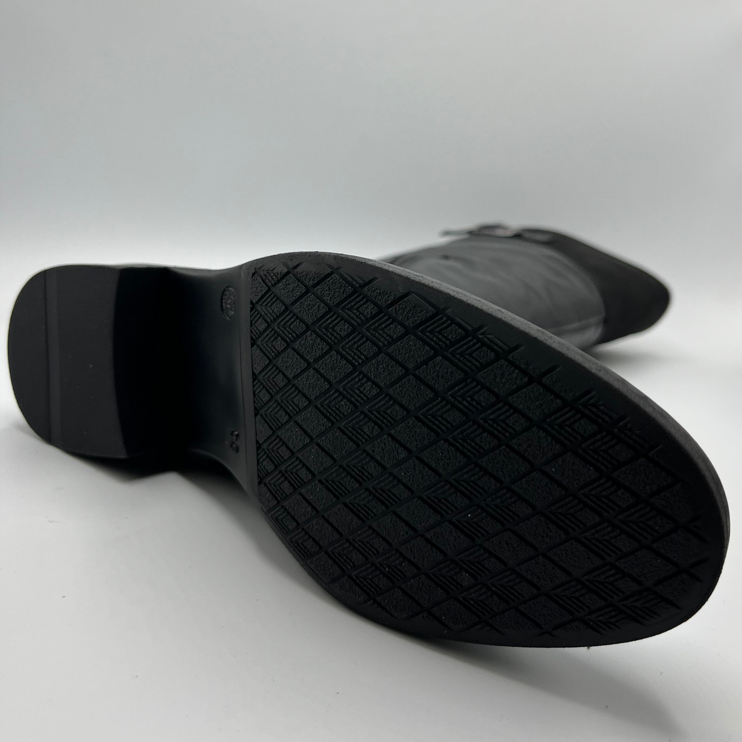 Close-up of a black shoe sole on a white background