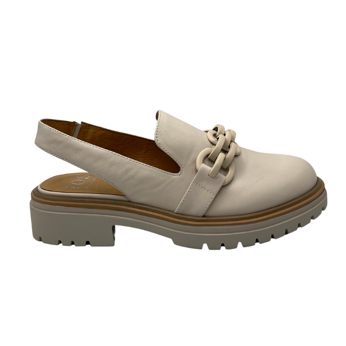 Right facing view of leather loafer style sling back with chunky sole