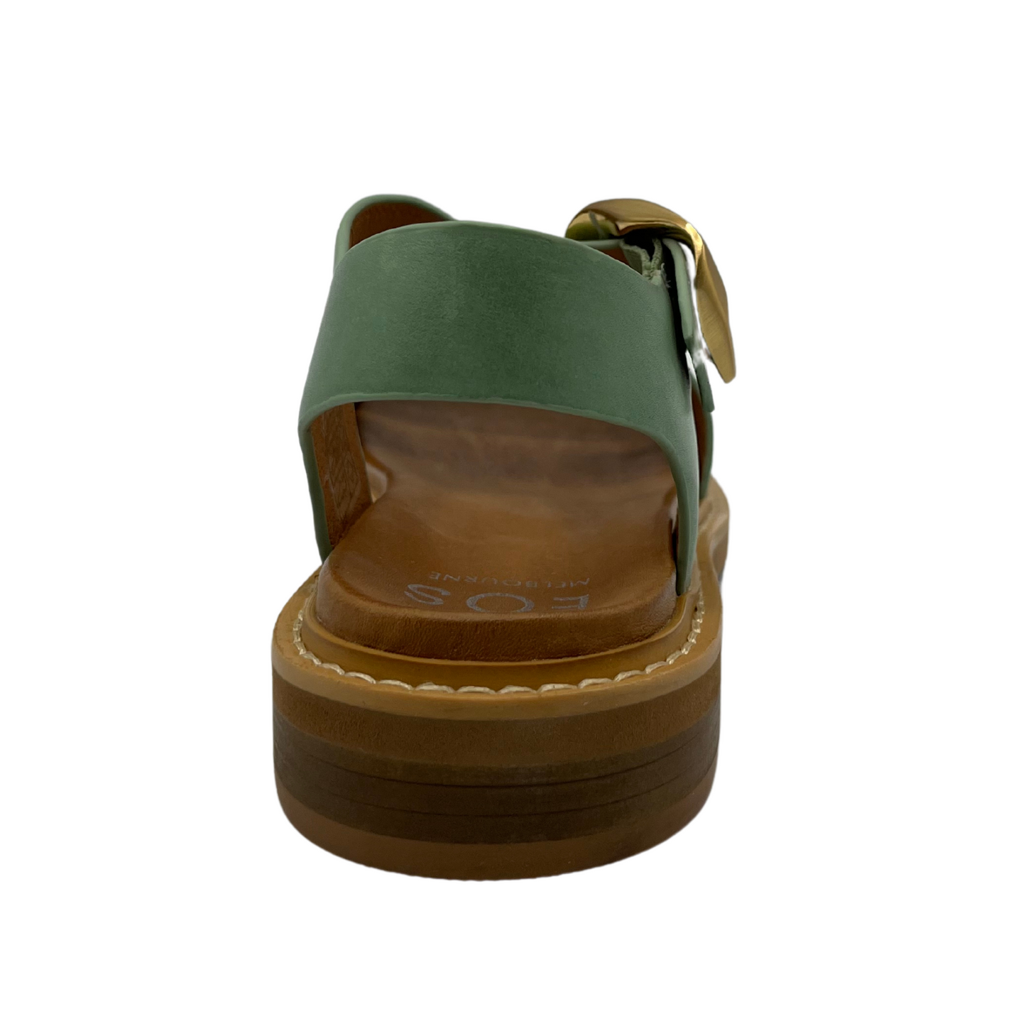 Back view of green leather sandal with gold buckle closure and low heel