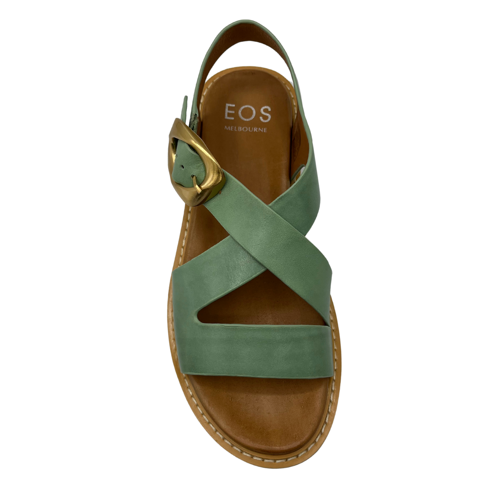 Top view of basil green leather sandal with rounded toe and gold buckle closure