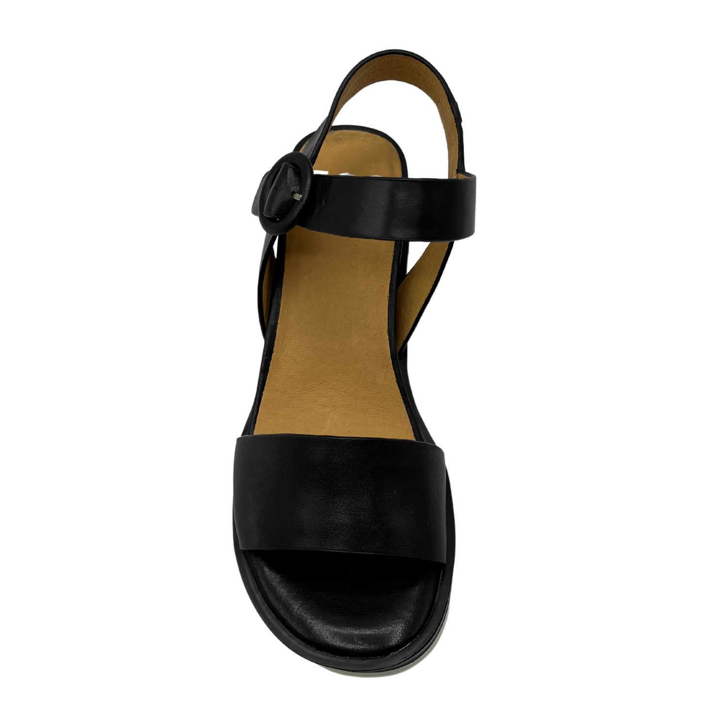 Top view of black leather sandal with rounded toe and buckle strap