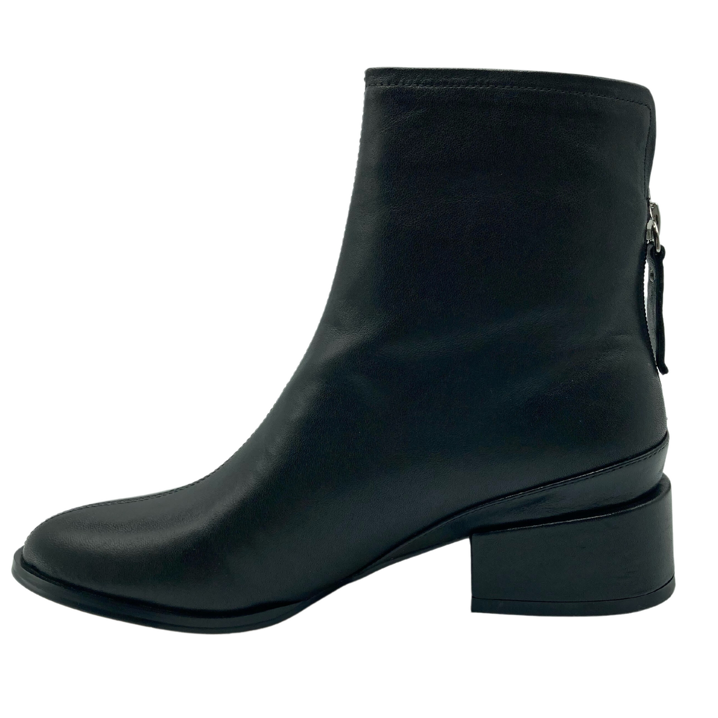Left facing view of short, black, leather, ankle boot with block heel and back zipper entry