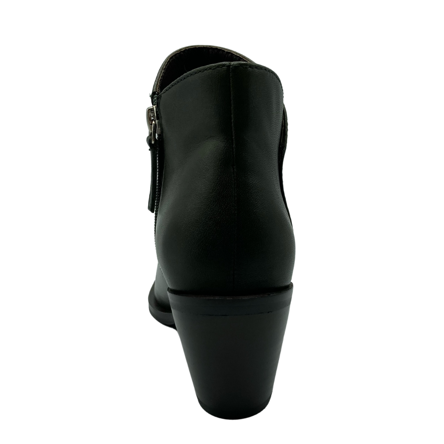 Back view of dark leather short boot with chunky heel and inner ankle zipper
