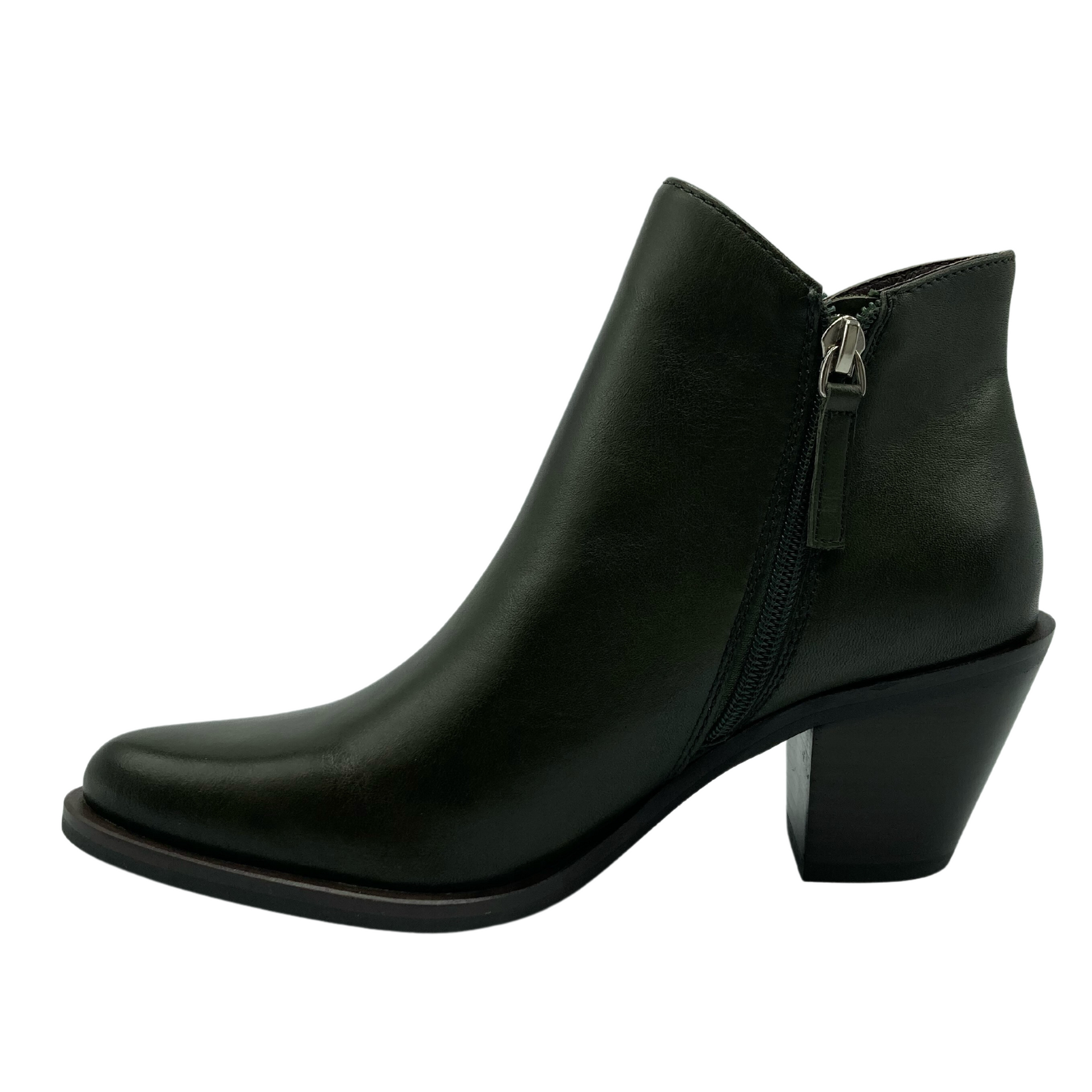 Right facing view of short leather boot with zipper, pointed toe and chunky heel