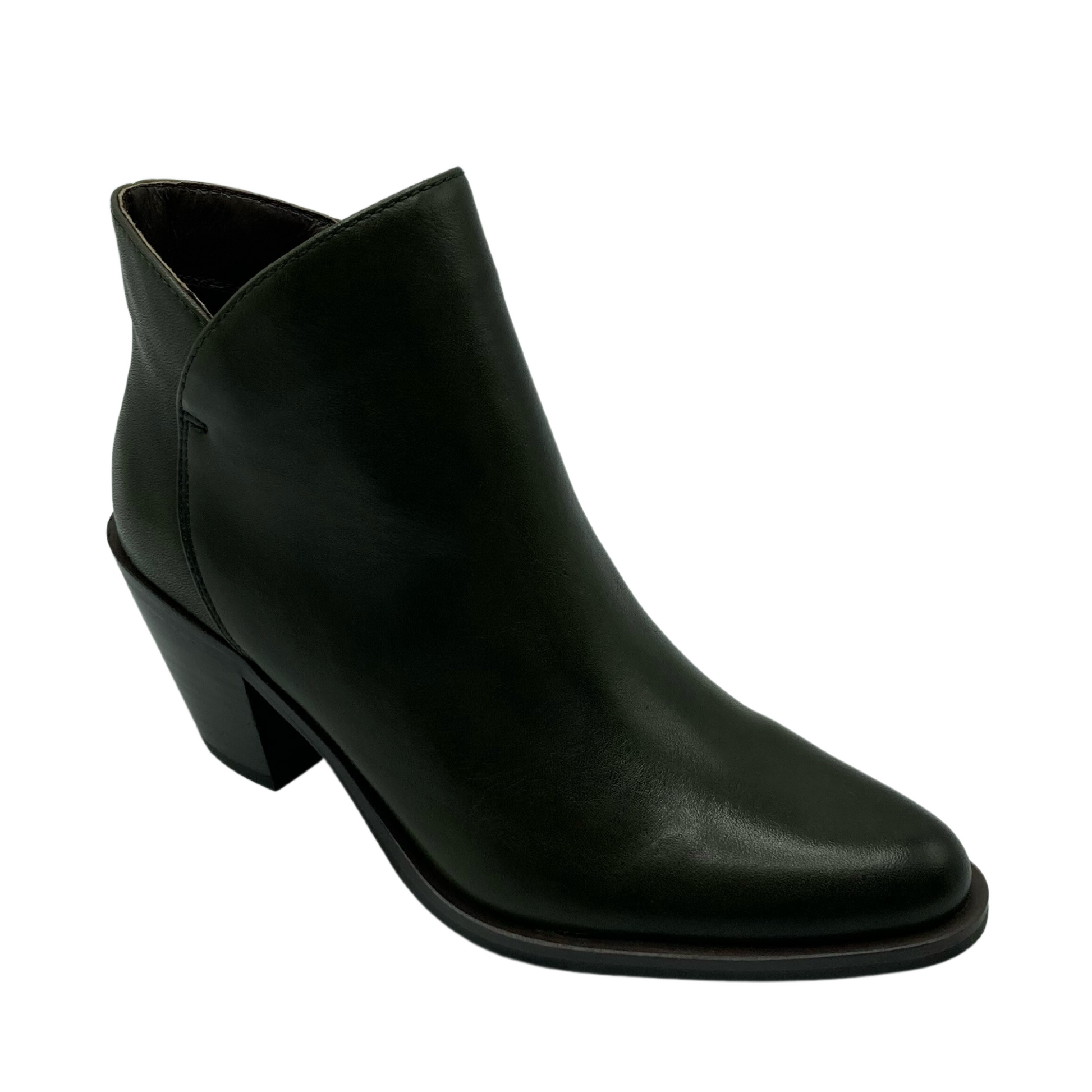 45 degree angled view of dark green leather ankle boot with pointed toe