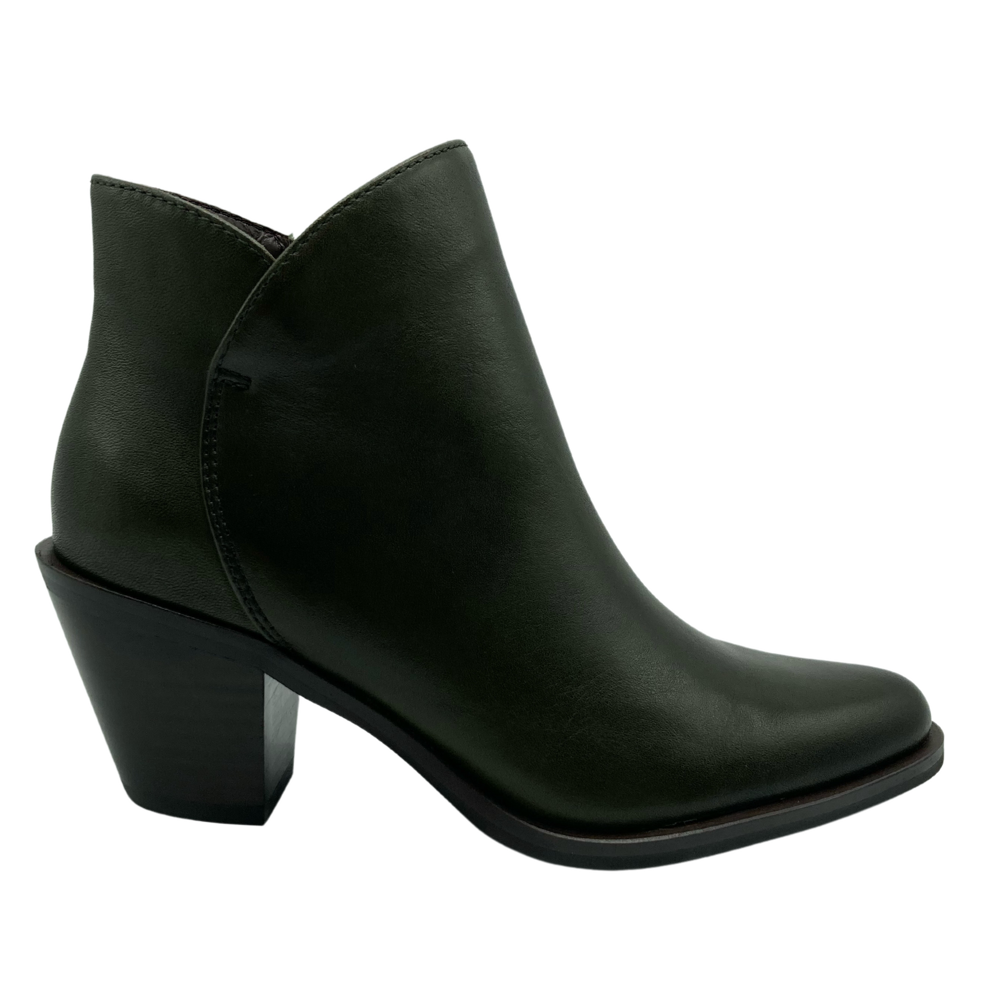 Right facing view of olive green leather ankle boot with scallop top line and chunky heel