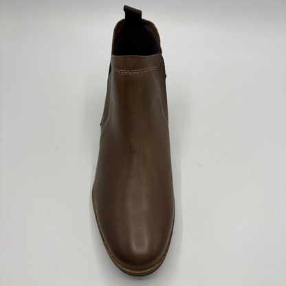 A single brown leather ankle boot with a round toe and elastic side gore, photographed from a top-down angle on a light gray background.