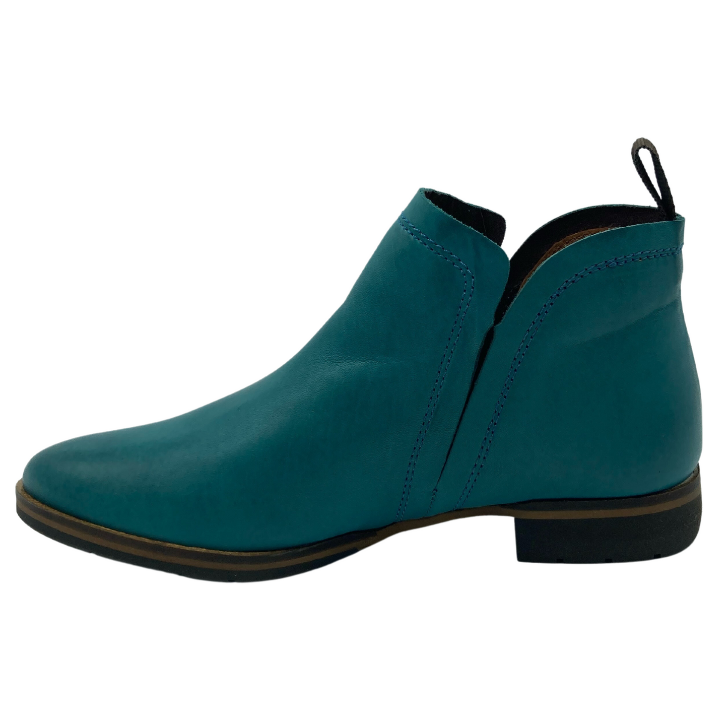 Left facing view of blue leather ankle boot with block heel, elastic gusset and rounded toe