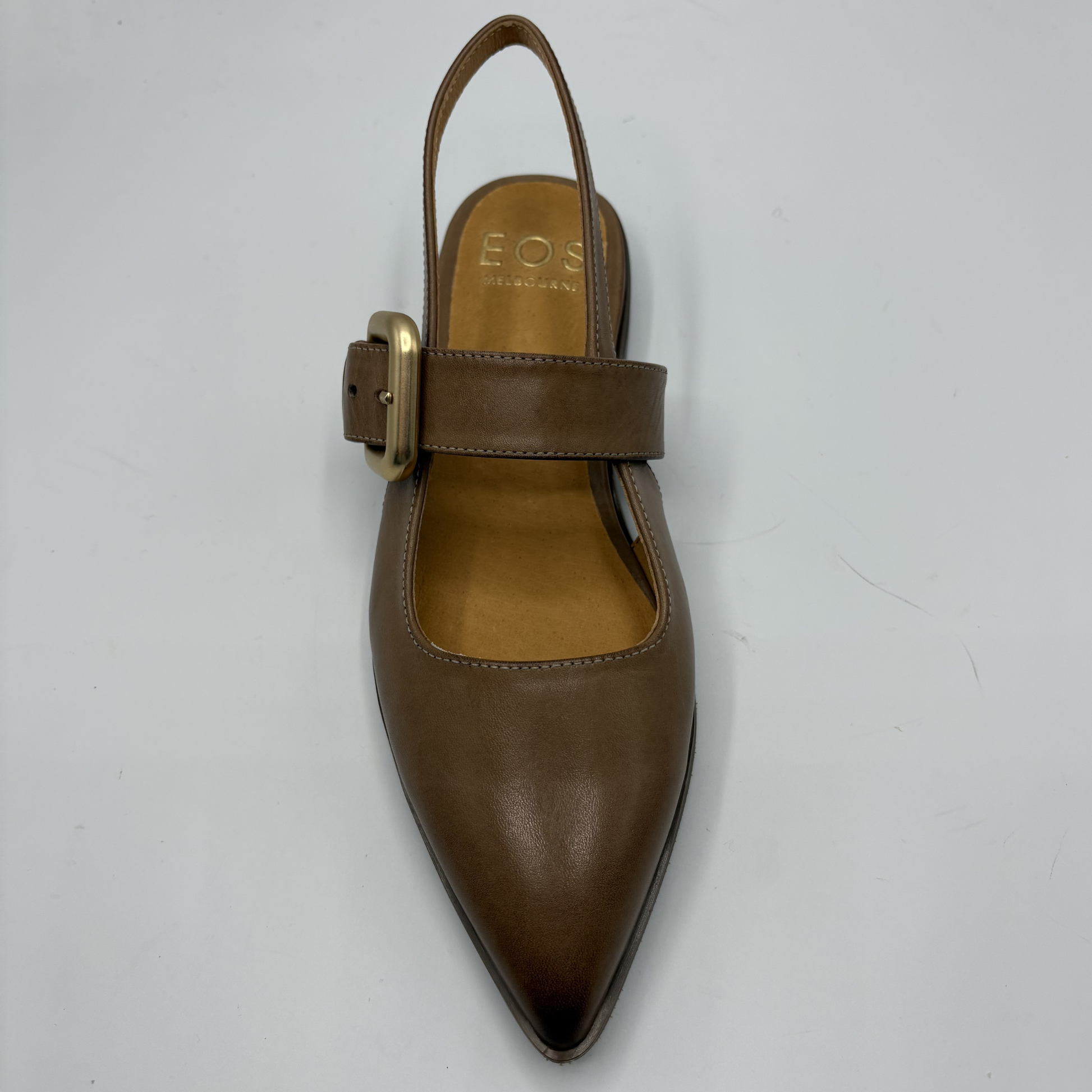 Brown pointed-toe shoe with a strap and gold buckle on a light gray background