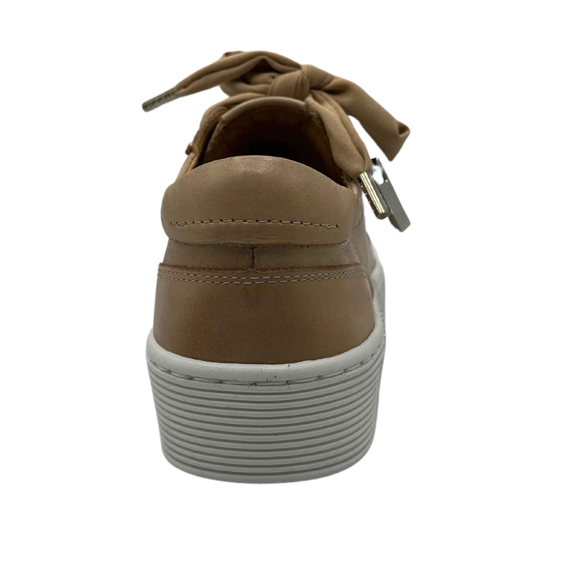 Back view of nude leather sneaker with matching laces and white rubber outsole