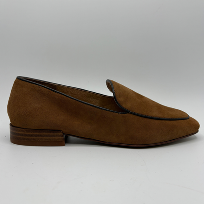 Right facing view of a brown leather loafer with a short stacked heel on a white background