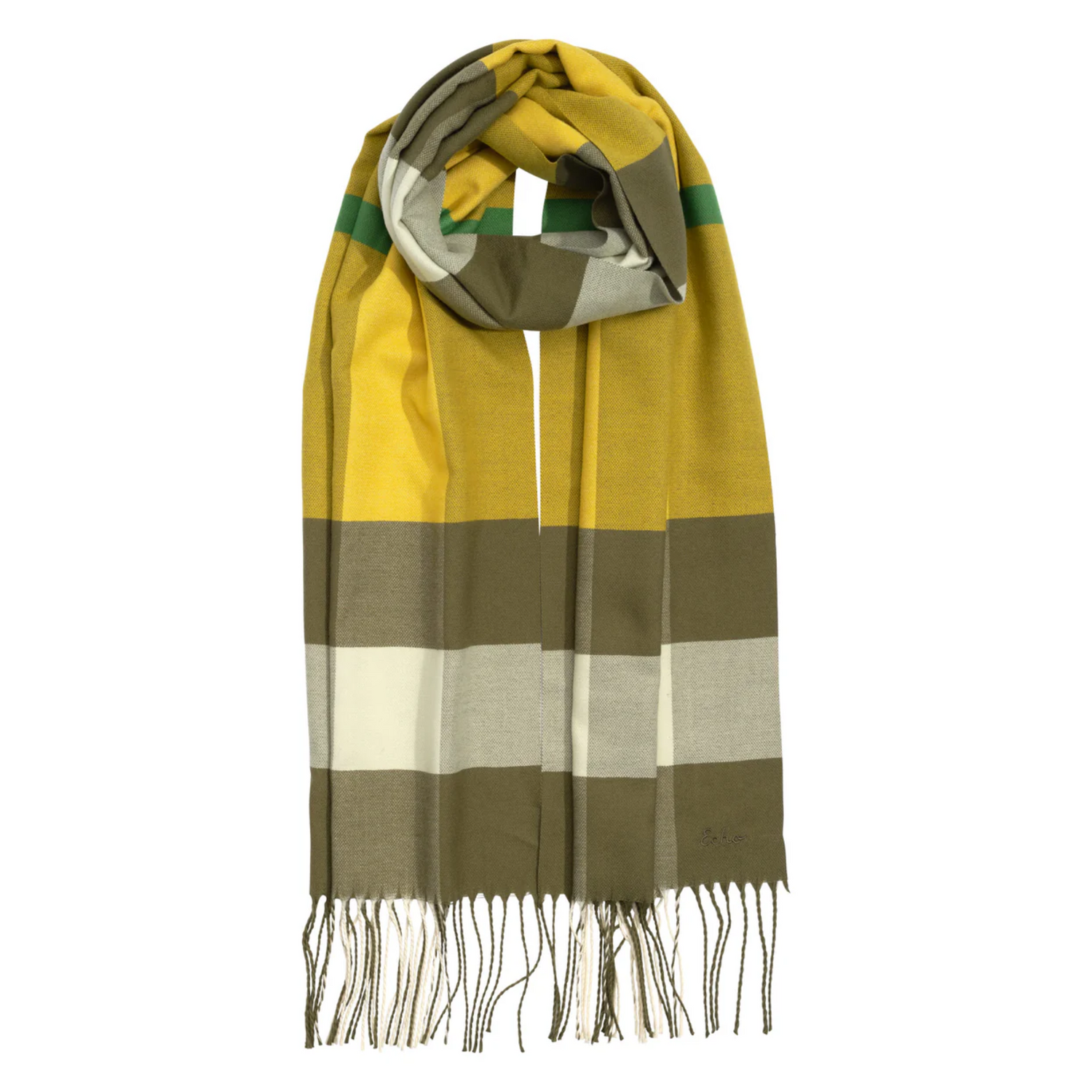 Straight view of a plaid scarf with yellow, taupe, cream and green colours and small tassels on each end.